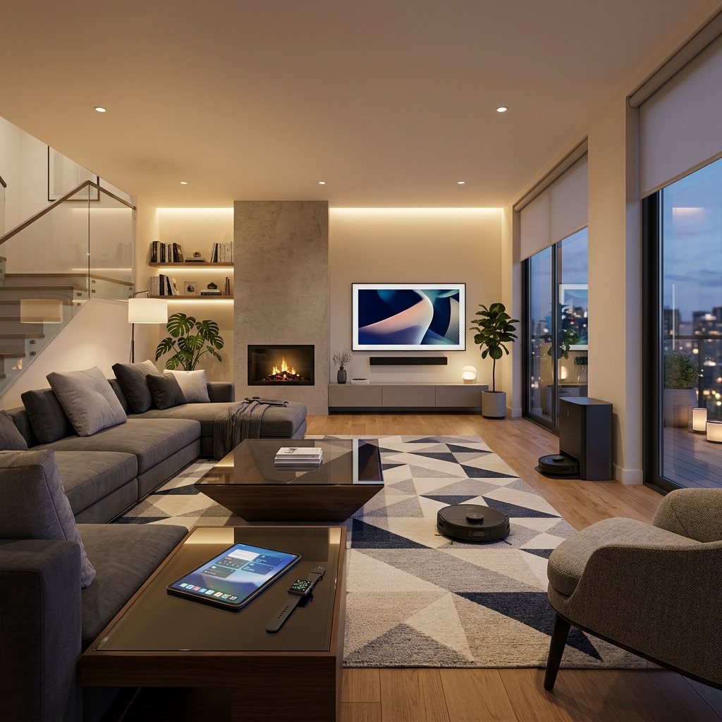 Interior moderno de hogar inteligente con tecnología